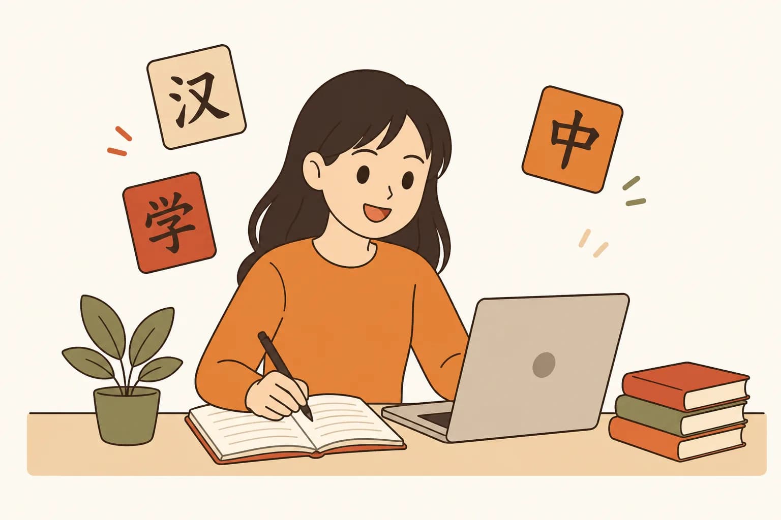 Minh hoạ học viên học tiếng Trung cùng máy tính và sách vở