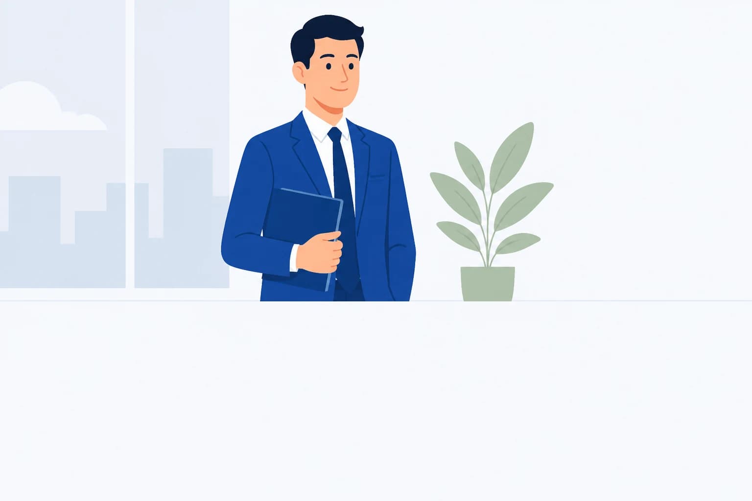 Minh hoạ ứng viên mặc vest cầm cặp tài liệu, đứng trước cửa sổ văn phòng chờ phỏng vấn
