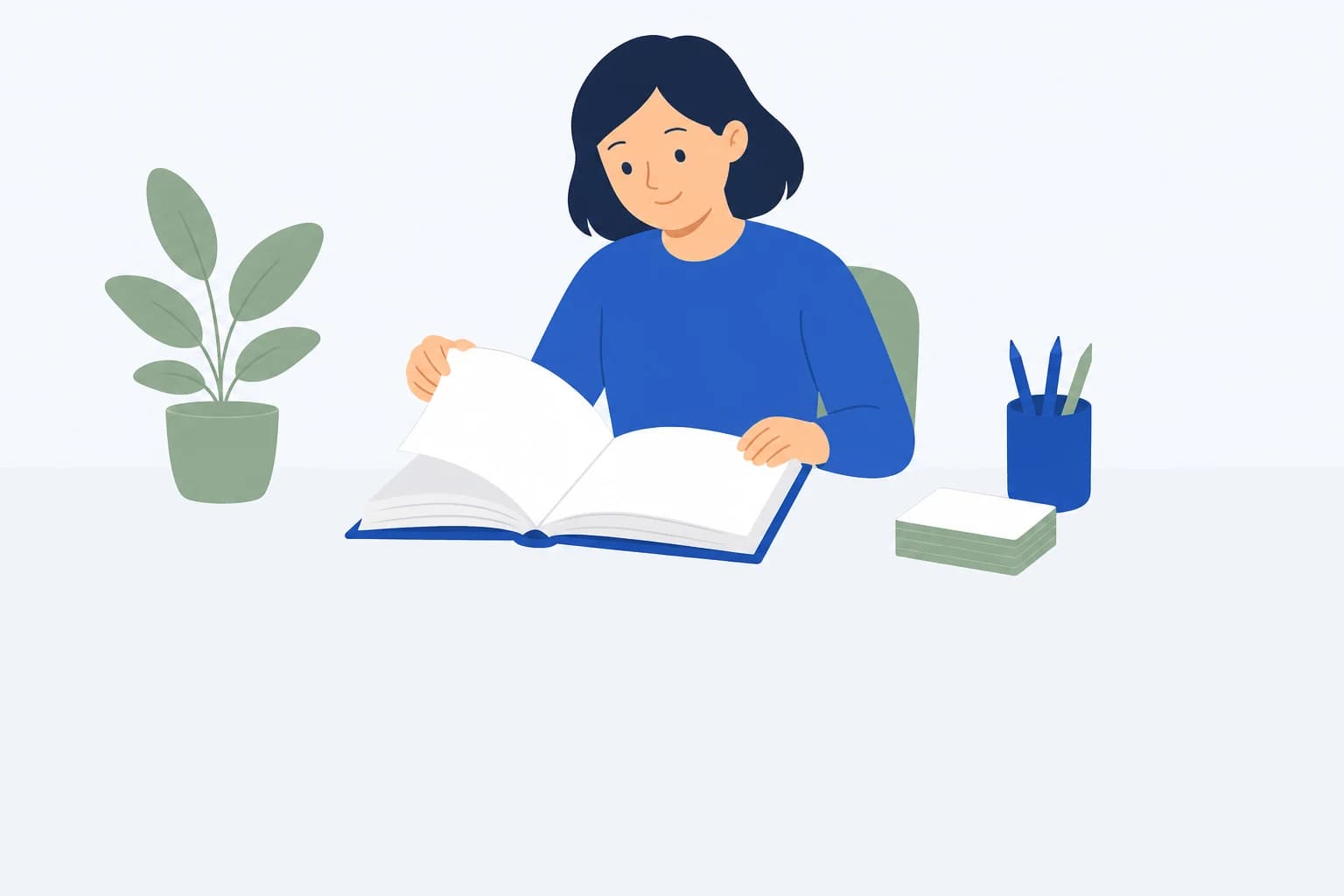 Minh hoạ học viên mới bắt đầu ngồi bàn học, mở quyển vở dày bên cạnh xấp thẻ từ vựng
