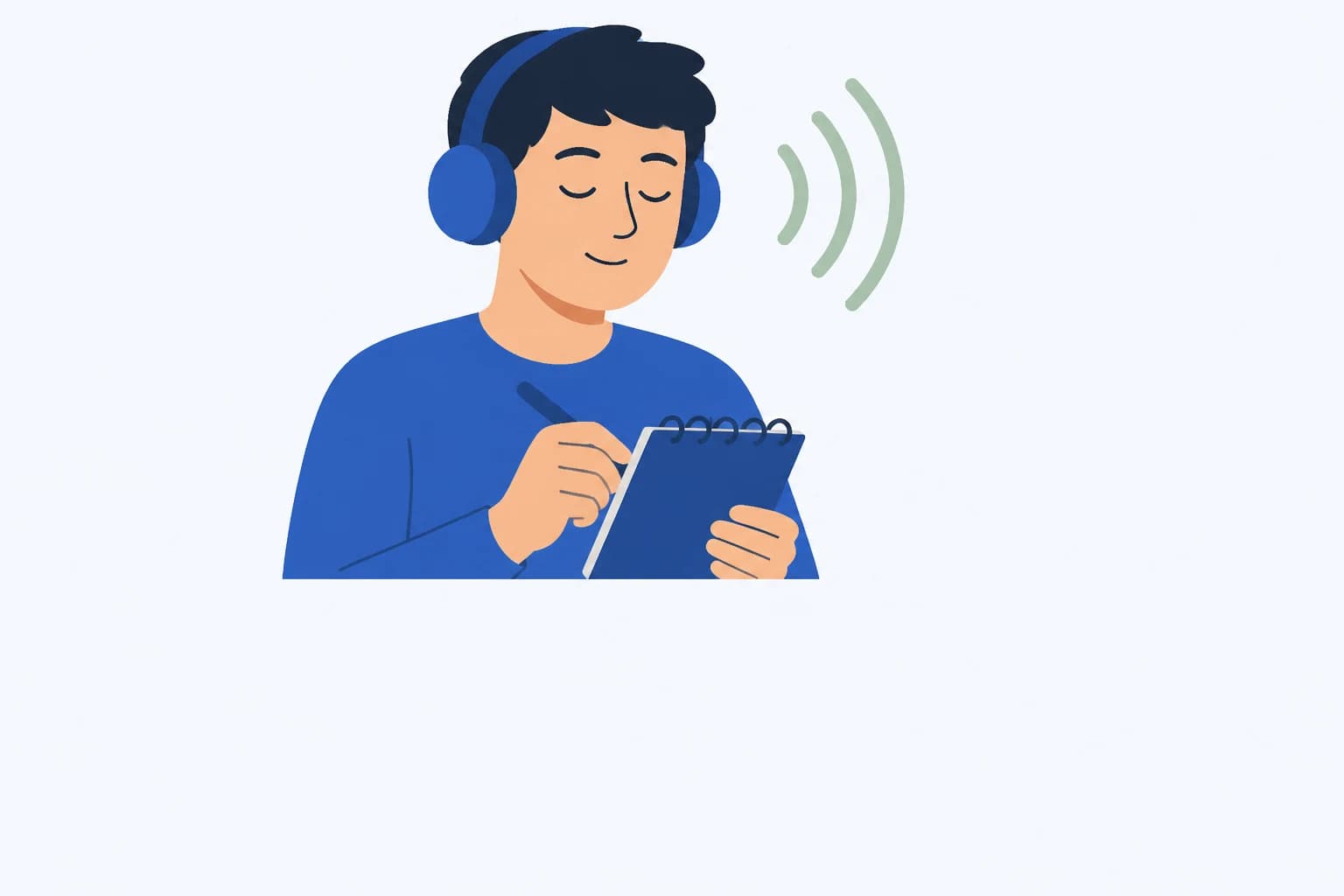 Minh hoạ học viên đeo tai nghe, nhắm mắt tập trung nghe và ghi vào sổ tay