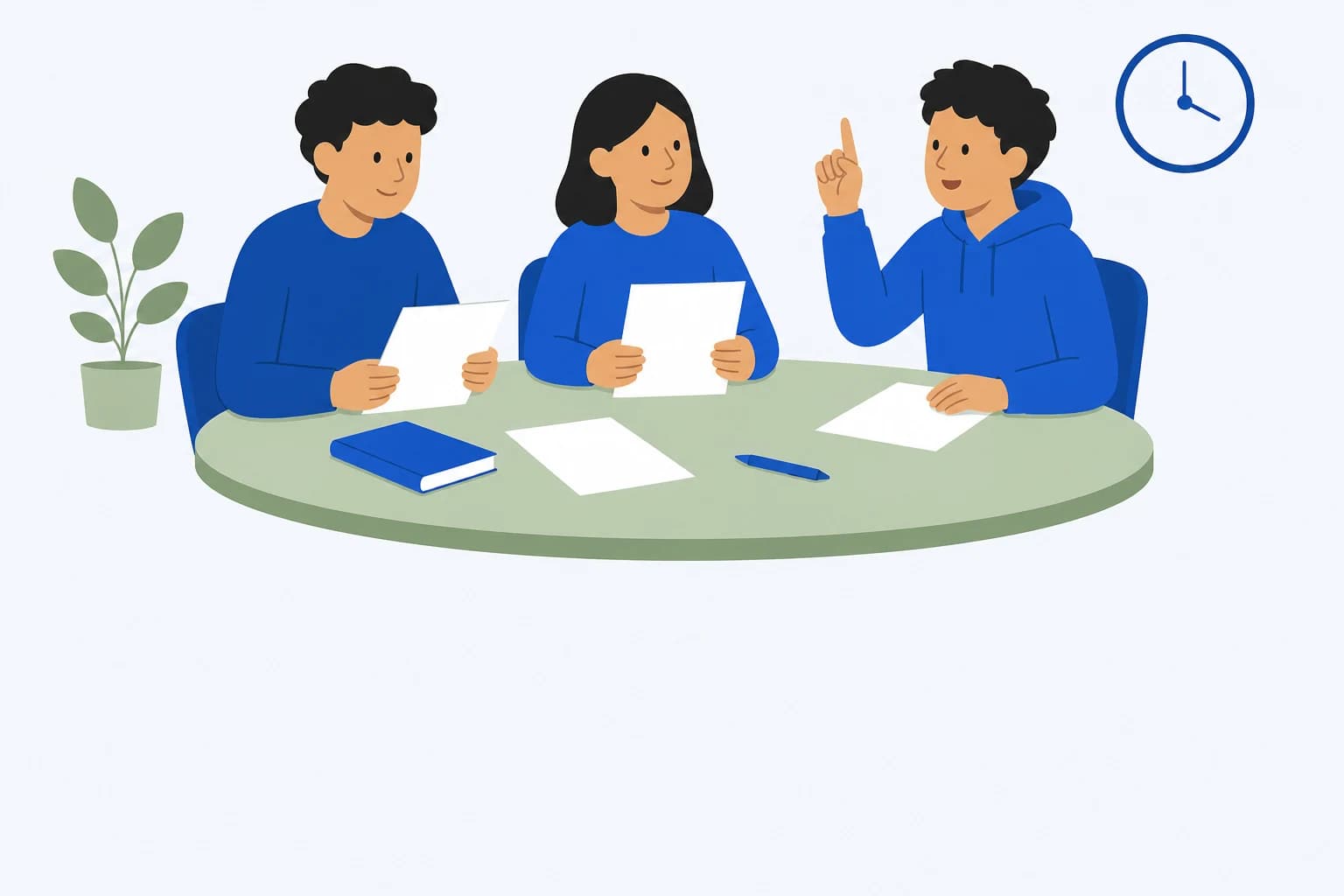 Minh hoạ ba học viên ngồi quanh bàn tròn đối chiếu phiếu luyện đề, một người giơ tay hỏi